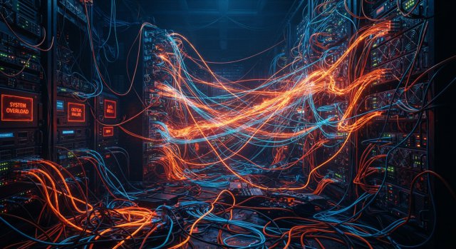 Abstrakte Darstellung einer überlasteten digitalen Infrastruktur mit glühenden Datenströmen.