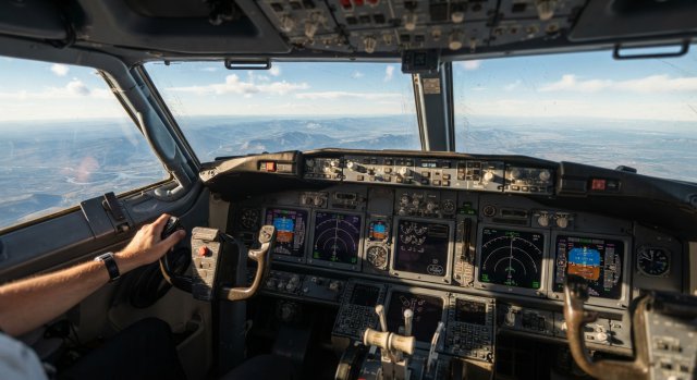 Virtuelles Cockpit eines Verkehrsflugzeugs während des Reiseflugs über einer Wolkenlandschaft.