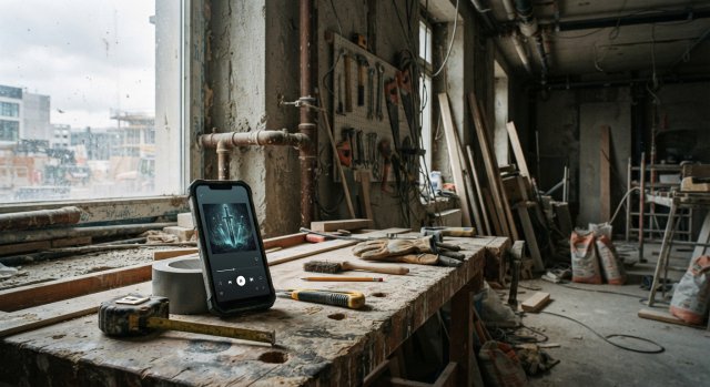 Baustelle mit Werkzeug und einem abspielenden H&ouml;rbuch auf einem Smartphone