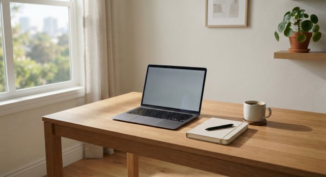 Ein minimalistischer Arbeitsplatz mit einem Laptop und einem Notizbuch bei Tageslicht