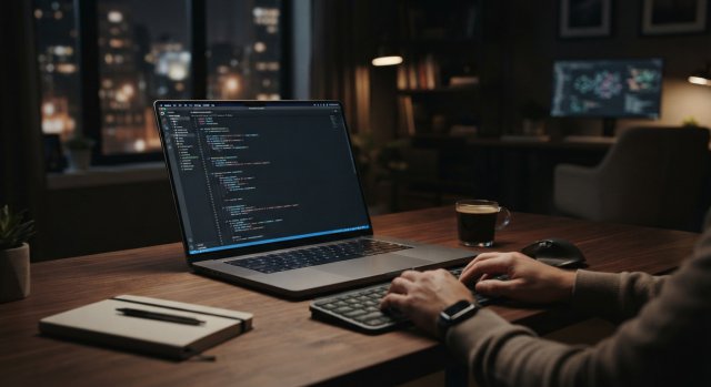 Arbeitsplatz mit Code-Editor und technischer Infrastruktur im Hintergrund