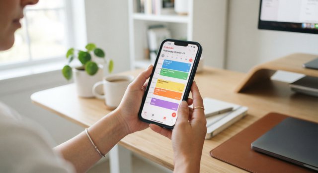Ein Mensch nutzt ein Smartphone, um per KI-Sprachbefehl Termine im digitalen Kalender zu organisieren.