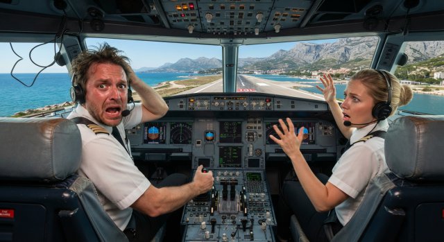 Ein Airbus A320neo fliegt bei klarem Wetter &uuml;ber einer bergigen K&uuml;stenlandschaft in Richtung Landebahn.