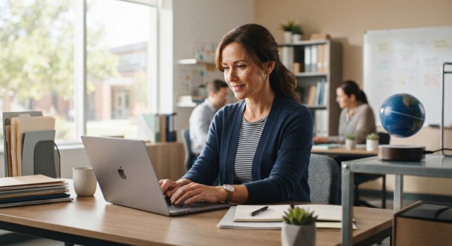 Ein Lehrer arbeitet konzentriert an einem Laptop in einem modernen, hellen Büro an digitalen Formularen.