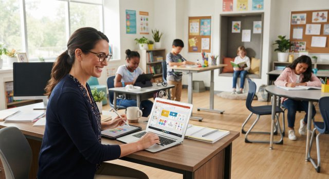 Lehrkraft an einem modernen Schultisch mit Laptop, umgeben von digitalem Unterrichtsmaterial und Sch&uuml;lern im Hintergrund.