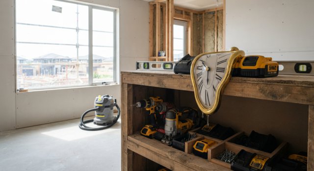 Ein aufgeräumter Arbeitsbereich auf einer Baustelle mit sauber sortierten Werkzeugen in einem Regal.