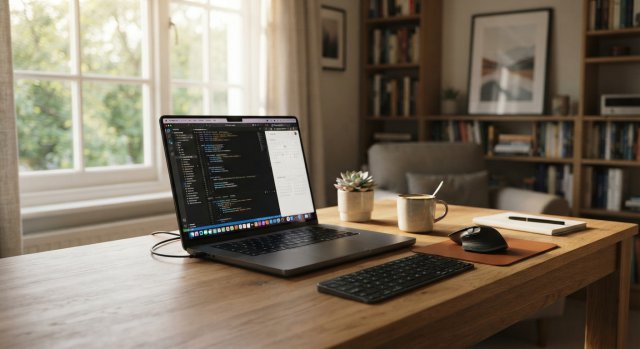 Moderner Schreibtisch mit Laptop und KI-gestützter Schreibumgebung für effizientes Blogging
