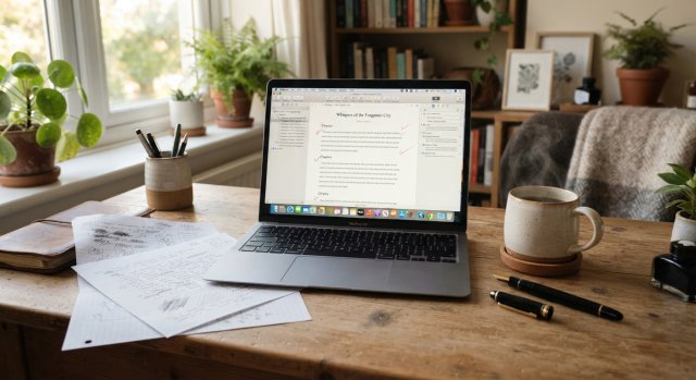 Ein geöffneter Laptop auf einem Schreibtisch mit Notizen, Stiften und einer Tasse Kaffee für die Romanarbeit.