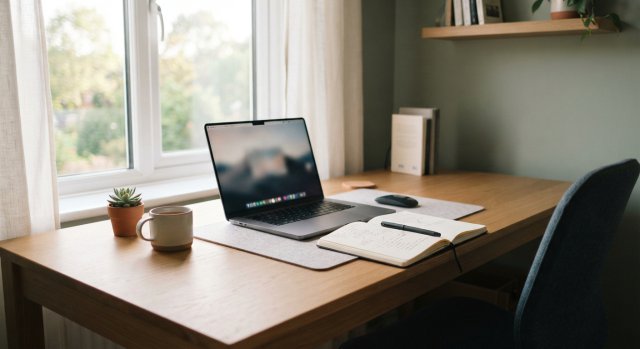 Ein minimalistischer, moderner Schreibtisch mit Laptop und einem digitalen Notizblock, der Ordnung und Fokus ausstrahlt.
