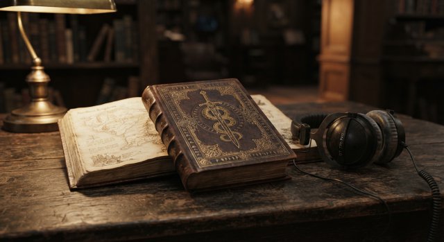 Ein Stapel Fantasy-B&uuml;cher liegt auf einem rustikalen Holztisch neben einem Kopfh&ouml;rer in einer atmosph&auml;rischen Lichtstimmung.