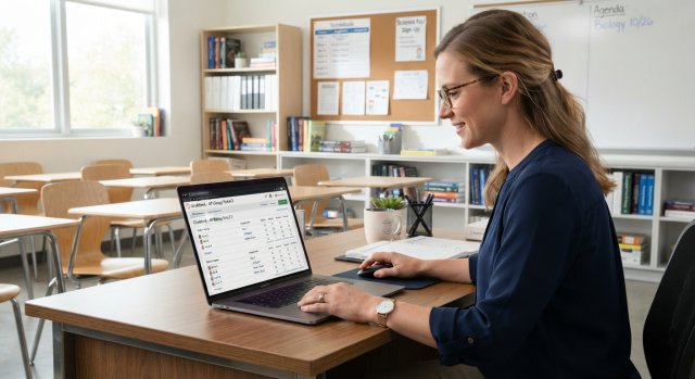 Lehrer arbeitet am Computer mit EduPage zur digitalen Notenverwaltung und Punkteerfassung