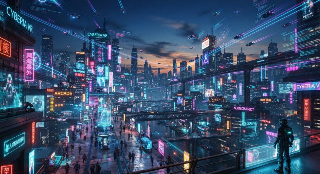 Futuristische virtuelle Welt mit digitalen Effekten und leuchtenden Elementen