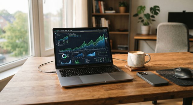 Arbeitsplatz mit Laptop, der eine Grafik mit ansteigenden Analysekosten auf dem Bildschirm anzeigt.