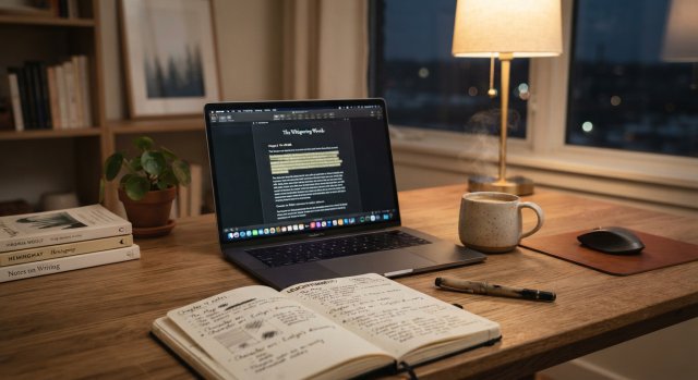 Ein Arbeitsplatz mit Laptop und Notizbuch, der eine produktive Schreibumgebung symbolisiert.