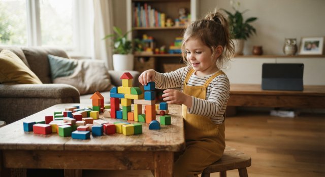 Ein Kind spielt konzentriert mit bunten Bausteinen auf einem Holztisch, w&auml;hrend im Hintergrund ein Tablet liegt.