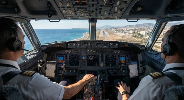 Cockpit-Ansicht eines Flugzeugs w&auml;hrend des Landeanflugs auf einen sonnigen Flughafen am Mittelmeer.