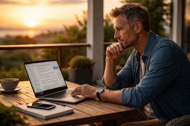 Nachdenklicher Autor beim Schreiben eines Blogartikels über künstliche Intelligenz und die Zukunft von Webseiten. Bild erstellt mit Hilfe von künstlicher Intelligenz.