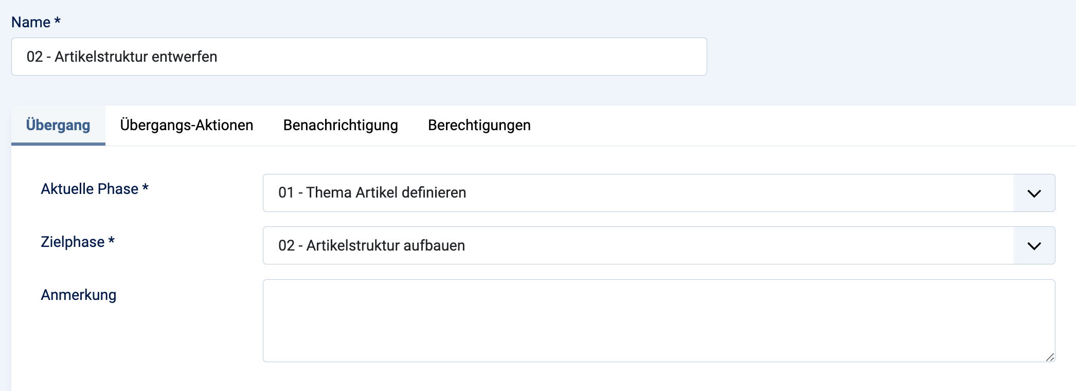 Joomla Workflow Übergang 01 Phasen vergeben