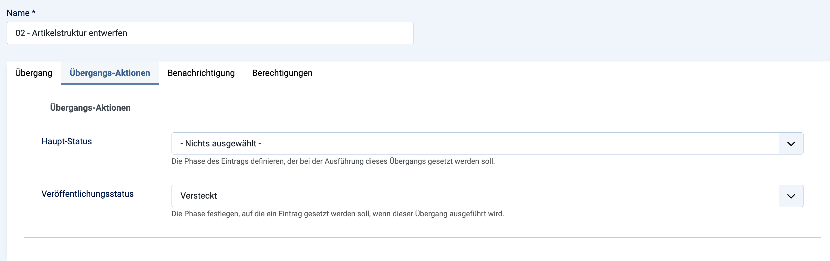 Joomla Workflow Übergang 02 Aktion vergeben