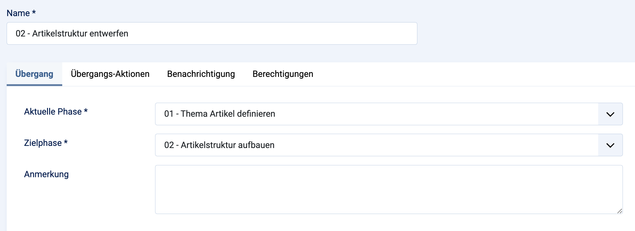 Joomla Workflow Übergang 01 Phasen vergeben