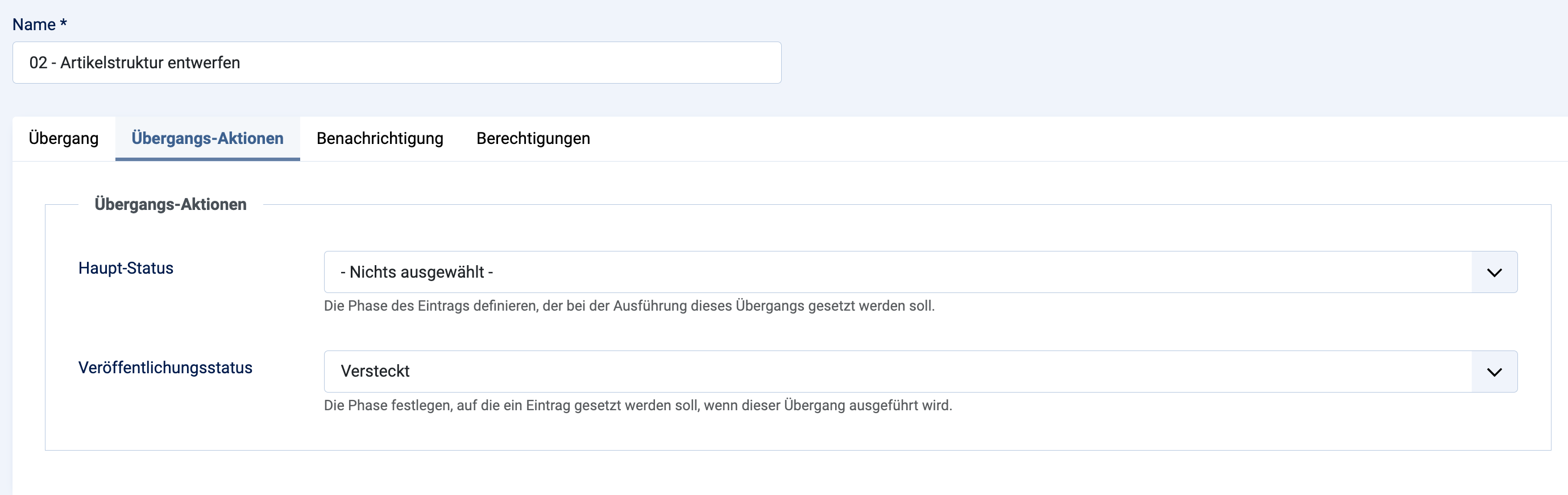 Joomla Workflow Übergang 02 Aktion vergeben