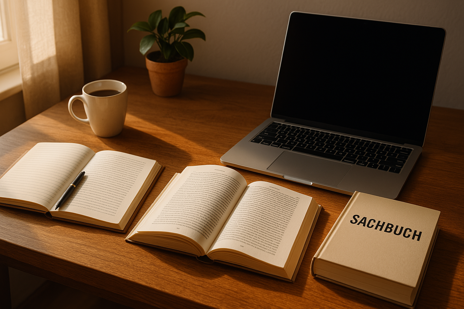 Gemütlicher Schreibtisch mit Laptop, Notizbuch, Roman und Sachbuch im Sonnenlicht – Schreibplatz der Autorin René Wetzel für kreative Buchprojekte.