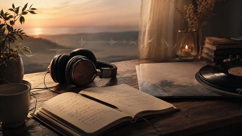Kopfhörer, Schallplatte und Notizbuch auf einem Holztisch bei warmer Abendstimmung – ein stimmungsvolles Motiv rund um Musik, Songs und persönliche Gedanken. - KI generiert